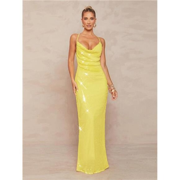 Dresses & Skirts - NEW - Elegant Sequin Embellished Deep Draped Neck Backless Metal Chain Decorated